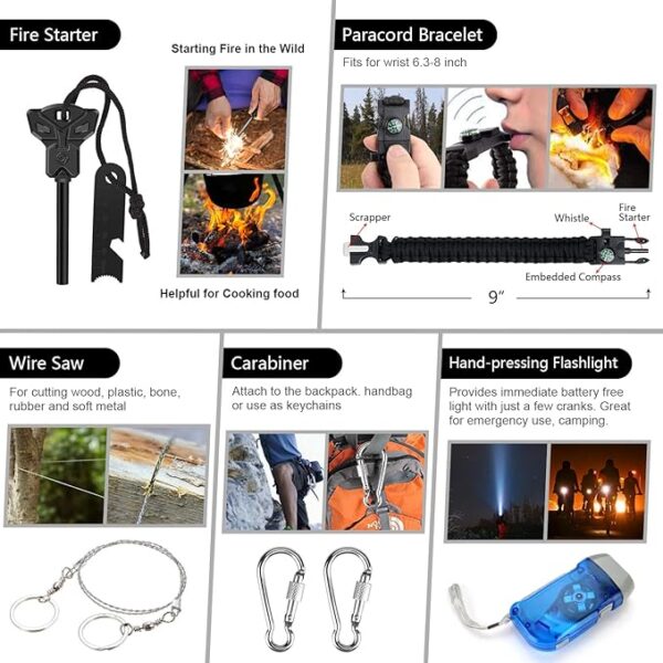 Emergency Survival Kit, 151 Pcs Survival Gear First Aid Kit, Outdoor Trauma Bag with Tactical Flashlight Knife Pliers Pen Blanket Bracelets Compass for Camping Earthquake or Adventures - Image 4