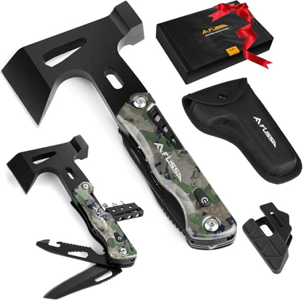 FLISSA Camping Axe Hammer Multitool, Gift for Father, Hatchet Multi Tool Camo Stainless Steel with LED Light, EDC Hiking Survival Multi Function Tool Pocket Knife with Sheath - Image 2