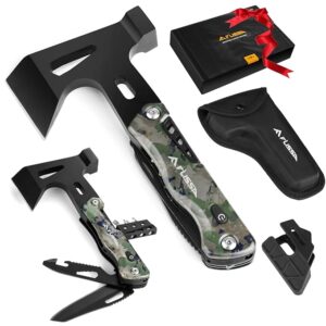 FLISSA Camping Axe Hammer Multitool, Gift for Father, Hatchet Multi Tool Camo Stainless Steel with LED Light, EDC Hiking Survival Multi Function Tool Pocket Knife with Sheath