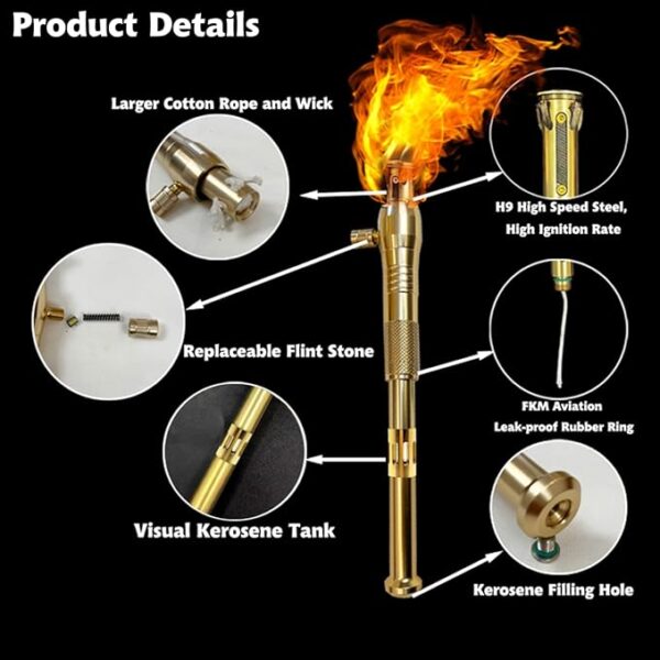 Torch Lighter, Third Generation Long Handle Trench Lighter Fluid Refillable with Visible Fuel, Windproof Vintage Lighter with 5pcs Flint Stone, Kerosene Lighter for Outdoor Camping Collection Gifts - Image 3