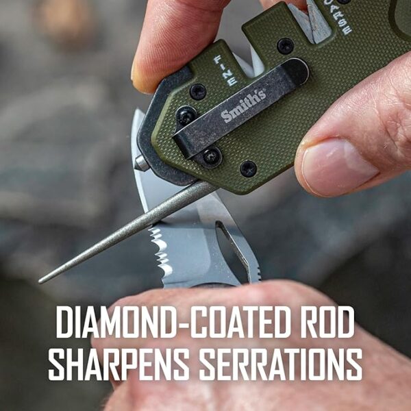 Smithâs 50981 Pocket Pal Tactical Knife Sharpener - OD Green - 2 Stage Sharpener & Diamond Sharpening Rod - Pocket Clip - Outdoor Hunting Knife & Hook Sharpener - Compact & Lightweight - Image 5
