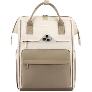 LOVEVOOK Laptop Backpack for Women, 17 Inch Work Teacher Nurse Bag, Large Capacity Business Computer Backpack Purse with USB Port, Stylish Casual Daypack for Travel,Beige&Khaki