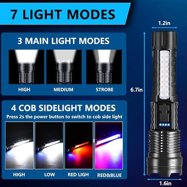 Rechargeable LED Flashlights, 990,000 Lumens Super Bright Handheld Flashlight, 7 Modes with COB Work Light, IPX6 Waterproof, Adjustable Tactical Flash Light for Home,Camping and Emergencies-2 Pack - Image 4