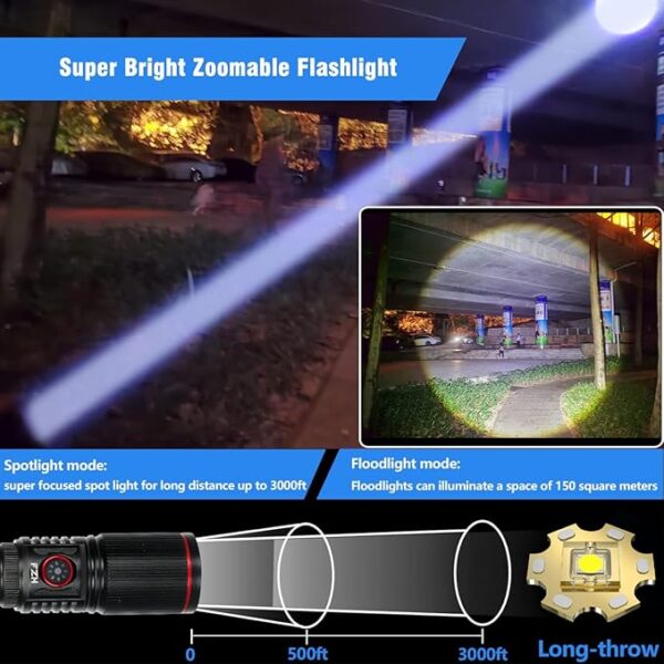 FZH Flashlights High Lumens Rechargeable 2PC 10000LM LED Infinitely Dimmable Super Bright USB Flash Light Powerful Handheld Tactical Torch, 5 Modes, Waterproof for Outdoor Emergencies Camping - Image 6