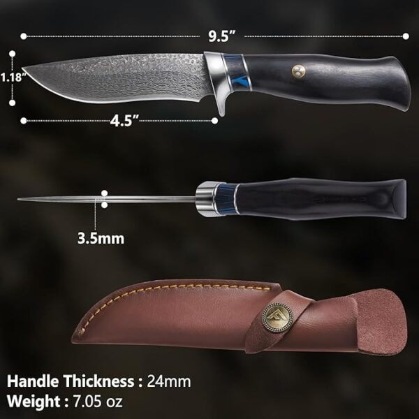 FLISSA Damascus Hunting Knife, 9.5 Inch Fixed Blade with Leather Sheath, Survival Knife with Black Sandalwood Handle for Camping, Hiking, Great Gifts - Image 3