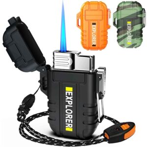 Waterproof Butane Torch Lighter Refillable Windproof Jet Flame Lighters for Fireplace Fireworks Grill Camping BBQ Lighter, Black(Without Gas)