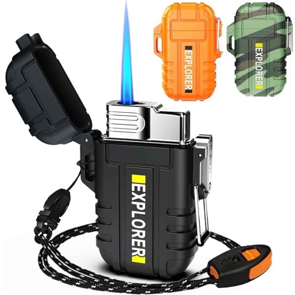 Waterproof Butane Torch Lighter Refillable Windproof Jet Flame Lighters for Fireplace Fireworks Grill Camping BBQ Lighter, Black(Without Gas)