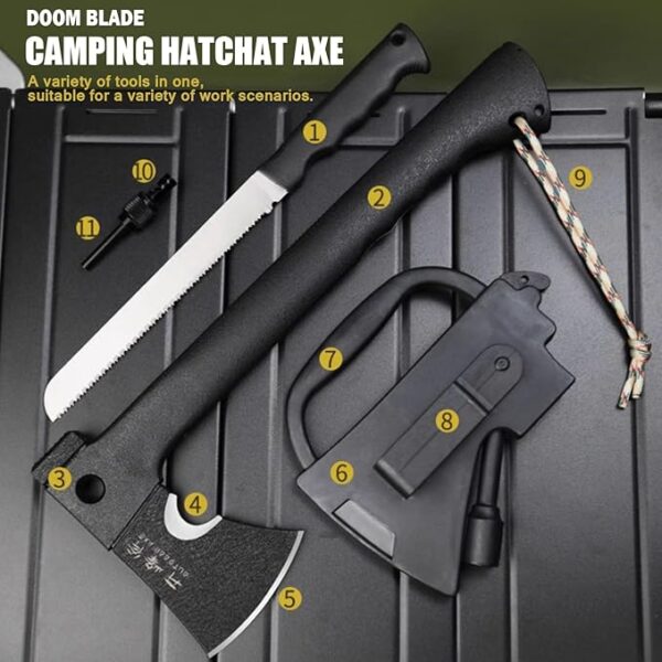 DOOM BLADE Camping Hand Axe with Sheath and Survival Gear - Lightweight Hatchet with Nested Serrated Wood Saw Knife and Magnesium Fire Starter Tools - Image 3