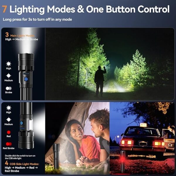Rechargeable Flashlight High Lumens Super Bright Zoomable LED Torch with COB SideLight,Powerful Long Distance 3900ft Tactical Flashlights,Waterproof Linternas for Camping Hiking Home Emergency Gift - Image 5