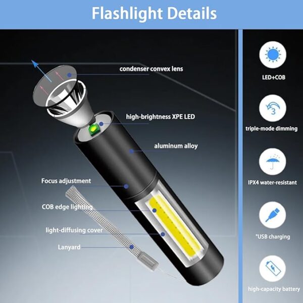 Rechargeable Mini Handheld Flashlights Portable Pocket Super Bright Flashlight Strong LED Flash Light with Side Light for Home Outdoor Emergency (Black) - Image 6