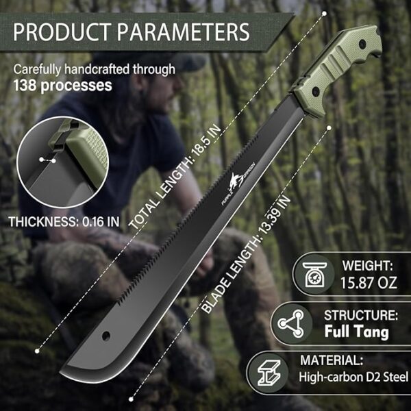 Purple Dragon Machete with Saw and Sheath for Garden,Large Outdoor Knife for Forest,Full Tang Knife Made from One Piece D2 Steel,Gifts for Men - Image 4