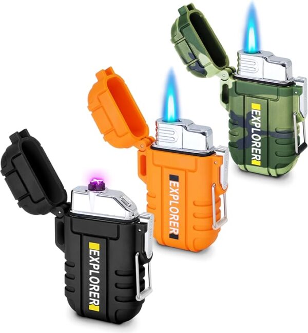 3 Pack Waterproof Lighter Outdoor Windproof Torch Lighters Dual Arc Lighters Butane Electric USB Rechargeable Flameless Plasma Lighter Camping Hiking Adventure Survival Tactical Gear - Image 2