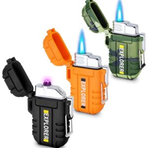3 Pack Waterproof Lighter Outdoor Windproof Torch Lighters Dual Arc Lighters Butane Electric USB Rechargeable Flameless Plasma Lighter Camping Hiking Adventure Survival Tactical Gear