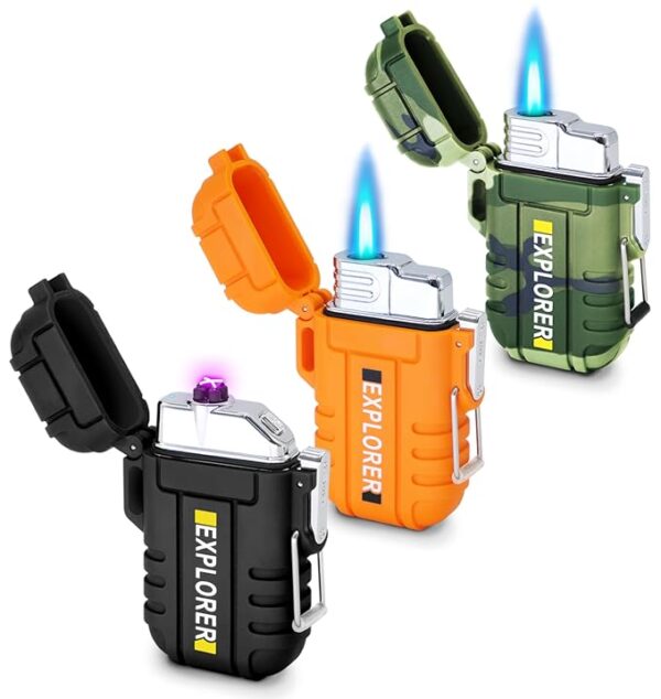 3 Pack Waterproof Lighter Outdoor Windproof Torch Lighters Dual Arc Lighters Butane Electric USB Rechargeable Flameless Plasma Lighter Camping Hiking Adventure Survival Tactical Gear