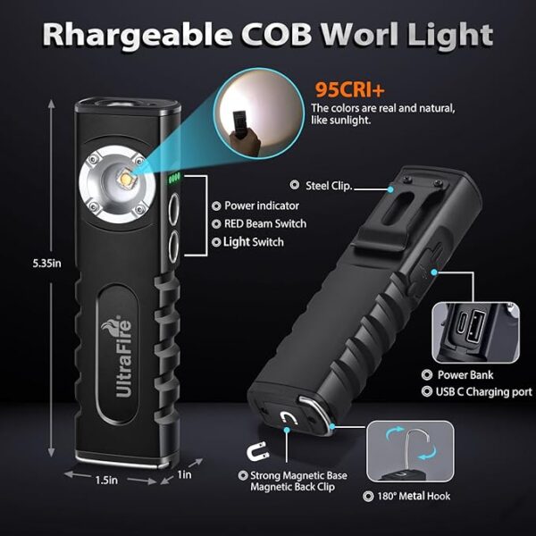ULTRAFIRE Rechargeable LED Work Light 350 Lumens Portable Magnetic Flat EDC Flashlights with Red Beam,3 Mode Pocket Small Lights with Clip for Working,Car Repairing,Camping,Emergency - Image 3