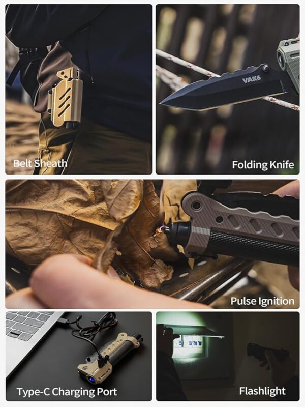 VIPERADE VAK6-S Survival Multitool with Folding Knife, LED Flashlight and Pulse Ignition, EDC Pocket Knife for men, Rechargeable Flashlight with Belt Sheath (Black) - Image 5