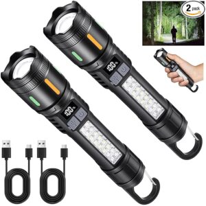Rechargeable Led Flashlights High Lumens - 3000lm Super Bright Tactical Flashlight With Cob Sidelight And Hook, 5 Light Modes, Ipx6 Waterproof, For Camping, Repairs, And Home Emergencies. ï¼2 Packï¼