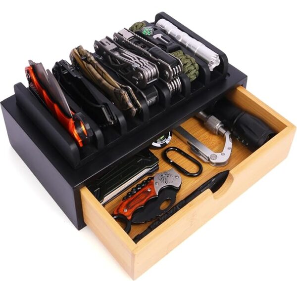 EDC Knife Rack, Pocket Knives Display Case Hold 7 Knives, Wooden EDC Gear Organizer Tray, Accessory Gear Display Organizer Box for Tactical, Survival, Outdoor, EDC Mini Knife - Black - Image 2