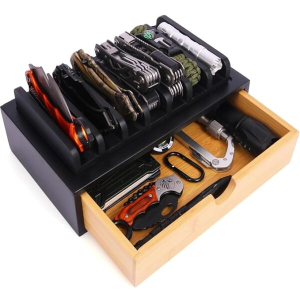 EDC Knife Rack, Pocket Knives Display Case Hold 7 Knives, Wooden EDC Gear Organizer Tray, Accessory Gear Display Organizer Box for Tactical, Survival, Outdoor, EDC Mini Knife - Black