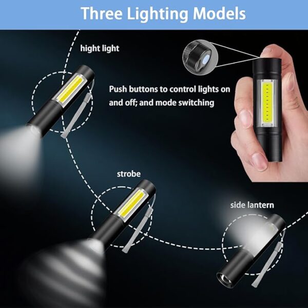 Rechargeable Mini Handheld Flashlights Portable Pocket Super Bright Flashlight Strong LED Flash Light with Side Light for Home Outdoor Emergency (Black) - Image 4
