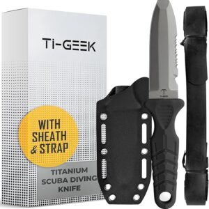 Titanium Survival Scuba Diving Knife Fixed Blade Dive Knife with Sheath & Straps - Holster on Divers BCD, Thigh/Leg, GC Belt Buckle or Wrist, Cutting, Serrated Edge & Line Cutter