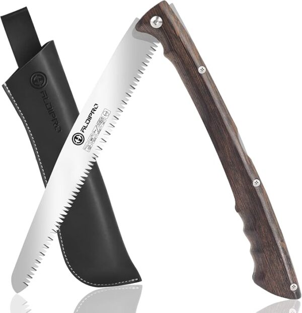 Folding Pruning Saw 10 Inch with Leather Sheath and Wenge Wooden Handle, SK5 Steel Blade, Foldable Hand Saw for Camping, Survival, Wood Cutting, Bushcraft and Tree Trimming - Image 2