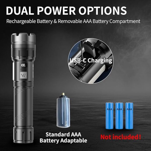 WARSUN XF126 LED Flashlight, Rechargeable Flashlight 950 Lumens Super Bright, Zoomable Tactical Flashlight with 8 Modes, 4000mAh Battery, High Powered, Durable Design for Camping, Emergency, Outdoor - Image 6