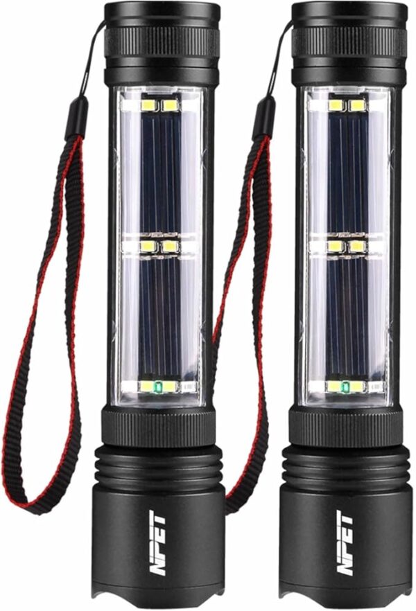 NPET T08-2 Solar Power Flashlight Car Flashlight USB Rechargeable Tactical Multi-Function Torch Emergency Tool (T08-2pack) - Image 2