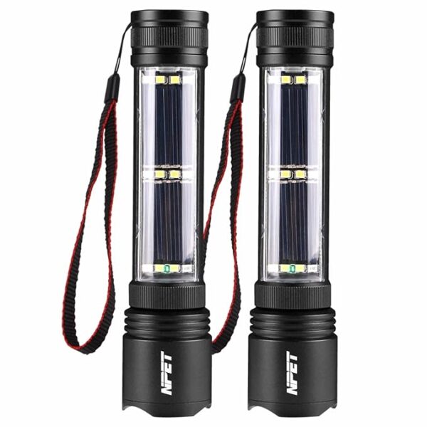 NPET T08-2 Solar Power Flashlight Car Flashlight USB Rechargeable Tactical Multi-Function Torch Emergency Tool (T08-2pack)