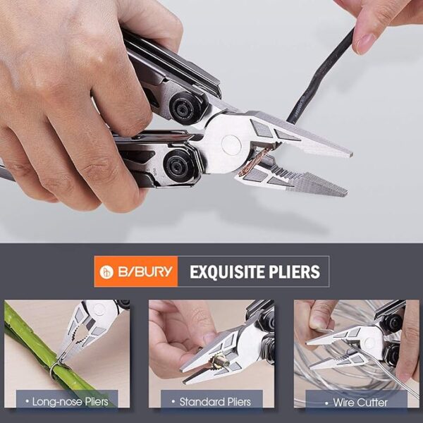 BIBURY Multitool Pliers, 18 in 1 Multi Tool with Titanium-Plated Handle & Safety Hammer, Safety Locking Design Stainless Steel Tool Pocket Knife for Outdoor, Survival, Camping, Hiking, Home Repair - Image 3