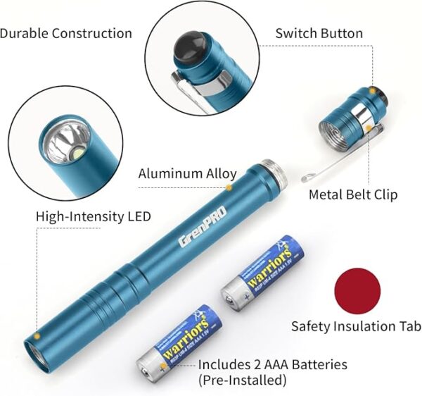 LED Pen Lights for Nurses, Aluminum Small Pocket Flashlight with Clip, Emergency Handheld Penlight, 2AAA Batteries Included, Blue, 4 Pack - Image 3