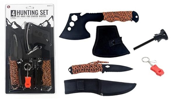 SE 4-Piece Survival Essentials Kit with 10.5-Inch Axe, 8-Inch Drop Point Knife, Magnesium Fire Starter, & 115dB Whistle - Hunting & Outdoor Gear