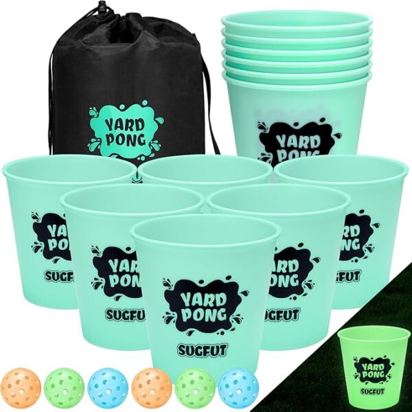 Yard Pong Outdoor Games Glow in Dark with 12 Buckets and 6 Balls, Backyard Toss Games Glow Yard Game for Adults, Family and Kids - Image 2