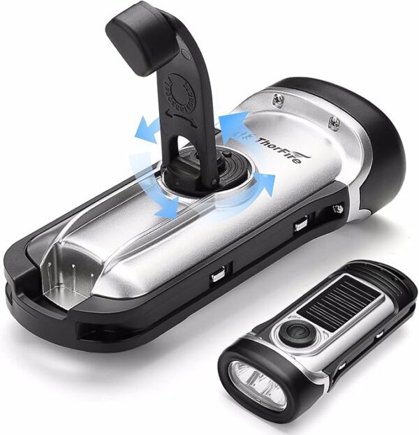 ThorFire Solar Flashlight Hand Crank Solar Powered Rechargeable Flashlight IPX6 Waterproof LED Emergency Lights Dynamo Torch Ideal for Camping Outdoor Climbing Backpack Hiking - Image 2