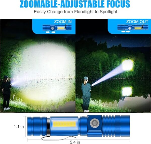 Flashlight USB Rechargeable, Magnetic LED Flashlight, Super Bright LED Tactical Flashlight with Cob Sidelight, 2000LM, Waterproof, Zoomable Best Small LED Flashlight for Camping, Emergency - Blue - Image 5