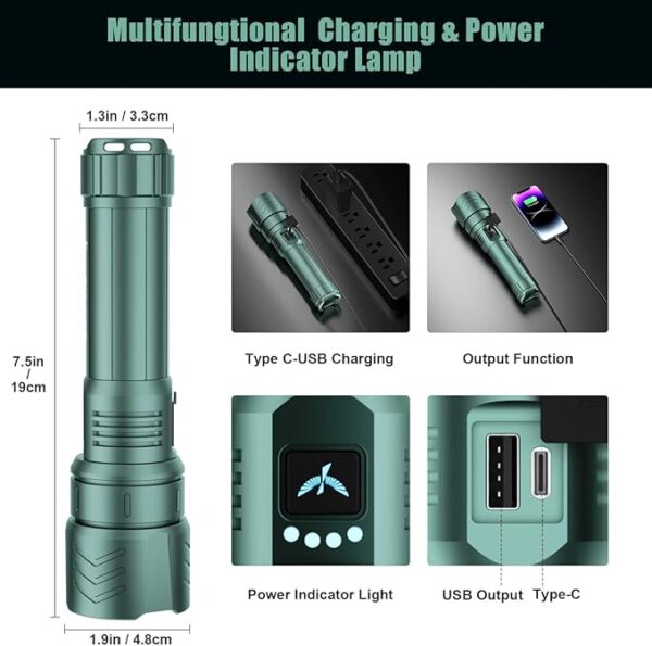 SKYFIRE Rechargeable Flashlights 15000.00lm High Lumens,LED Super Bright Flashlight,Zoomable,Power Bank Four Modes,Waterproof Flash Light for Camping Essentials,Outdoor and Home Emergencies-No Lens - Image 4
