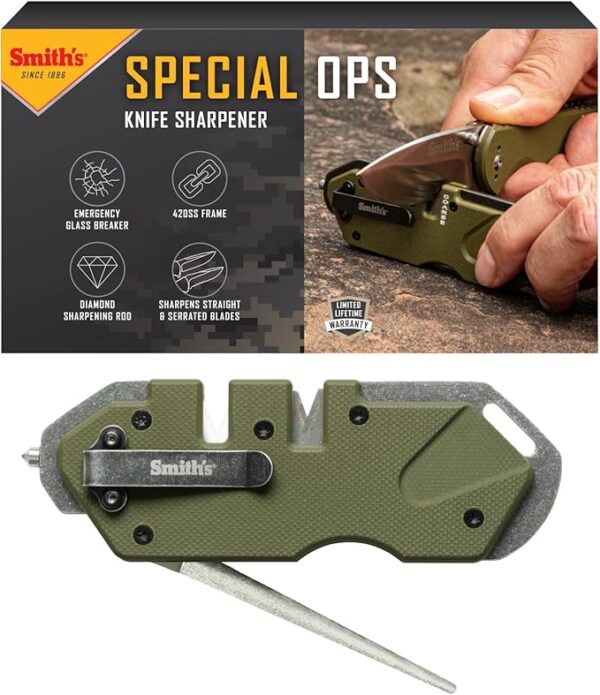 Smithâs 50981 Pocket Pal Tactical Knife Sharpener - OD Green - 2 Stage Sharpener & Diamond Sharpening Rod - Pocket Clip - Outdoor Hunting Knife & Hook Sharpener - Compact & Lightweight - Image 2