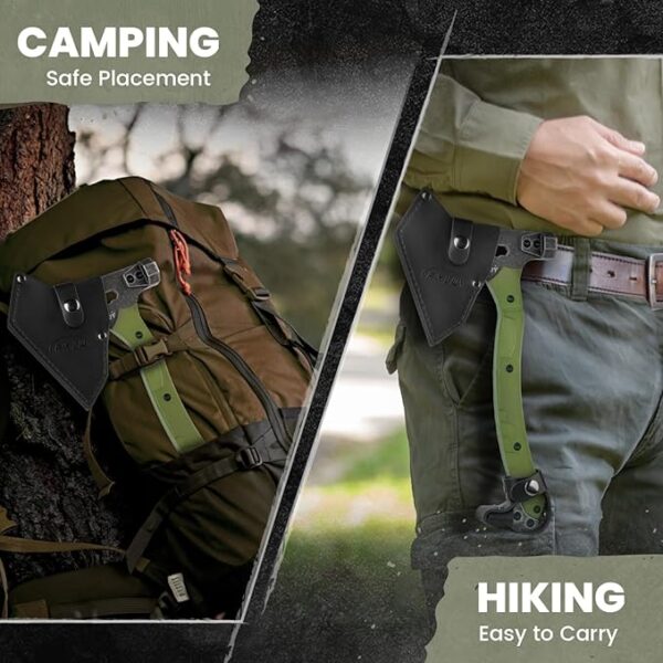 Tactical Axe with G10 Handle Camping Survival Hatchet, Multifunctional Hiking Outdoor Heavy Duty Full Tang Tomahawk Tools with Hammer, Unique Design Crowbar, Leather Sheath (Green) - Image 4