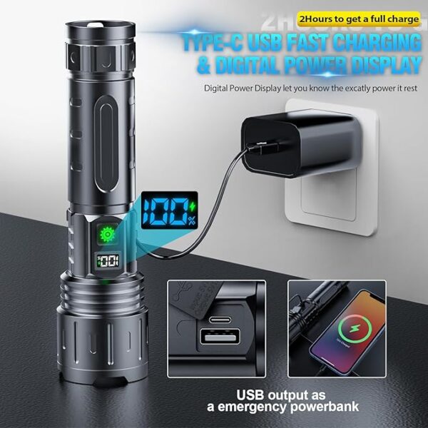 Hoxida Flashlights High Lumens Rechargeable - 2000 Lumens Long Beam Super Bright LED Flash Light with Power Display & IPX5 Waterproof for Camping, 20H Runtime,5 Modes,Zoomable Handheld Flashlight - Image 6