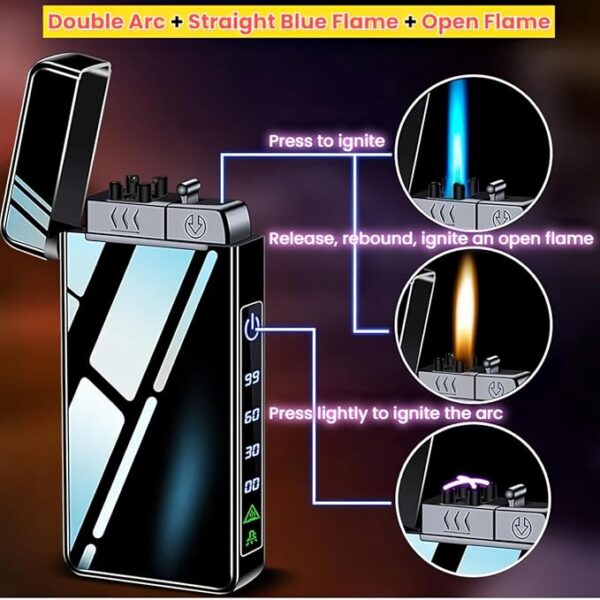 Torch Lighter, Butane Torch Open Flame Plasma Dual Arc 3-in-1 Lighter, USB Rechargeable Electric Lighters with Flashlight, Windproof Refillable Lighters (Without Fuel) (Black Ice) - Image 4
