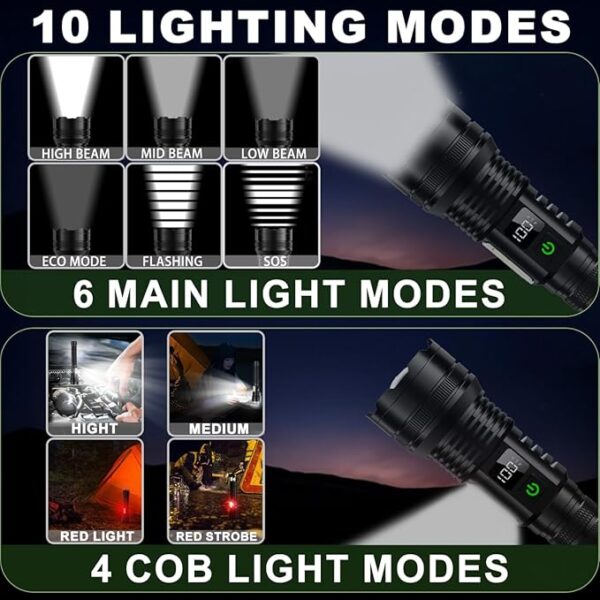 flashlights high lumens rechargeable, 4500 Lumens Super Bright Flashlight, with COB Work Light & 10 Modes, Waterproof Handheld Flashlight, for outdoor Camping hunting, hurricane Emergencies Hiking - Image 6