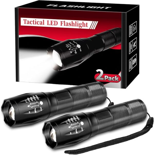 2 Pack Tactical Flashlights Torch, Military Grade 5 Modes High Lumens Led Waterproof Handheld Flashlight for Camping Biking Hiking Outdoor Home Emergency, Camping Essentials Gear - Image 2