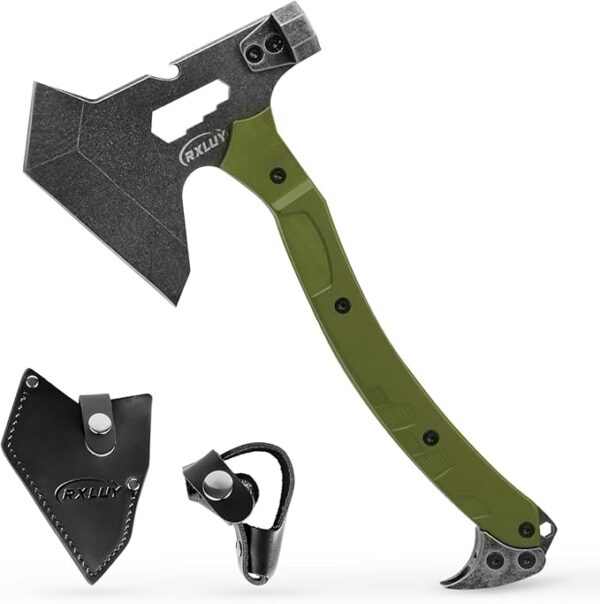 Tactical Axe with G10 Handle Camping Survival Hatchet, Multifunctional Hiking Outdoor Heavy Duty Full Tang Tomahawk Tools with Hammer, Unique Design Crowbar, Leather Sheath (Green) - Image 2