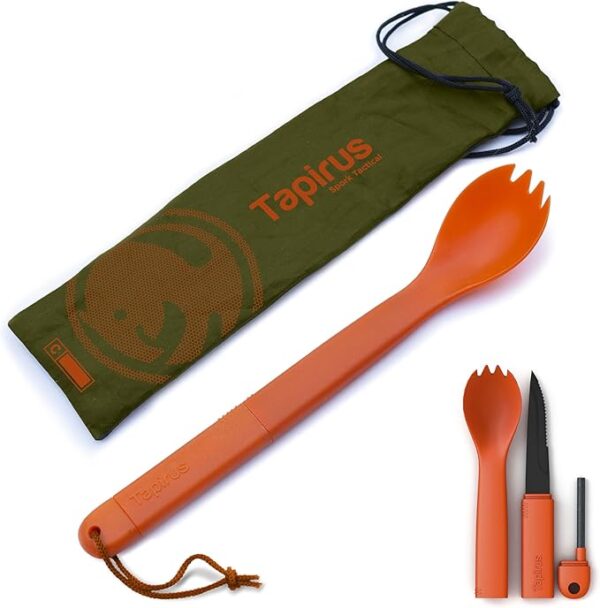 Tapirus Spork Tactical Orange | BPA Free Spoon Fork, Stainless Steel Knife and Fire Starter | 3 in 1 multipurpose utensil | Outdoor hiking, camping & backpacking gear | Fit for MRE - Image 2