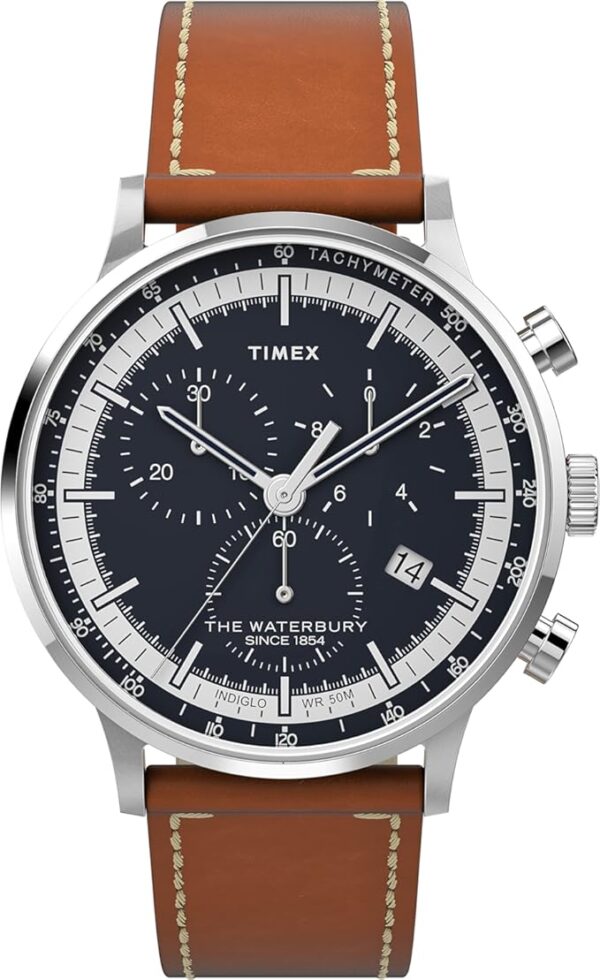Timex Men's Waterbury Classic Chrono 40mm Stainless Steel Quartz Dress Watch with Leather Strap - Image 2