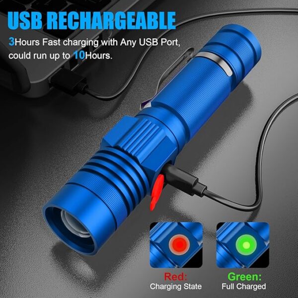Flashlight USB Rechargeable, Magnetic LED Flashlight, Super Bright LED Tactical Flashlight with Cob Sidelight, 2000LM, Waterproof, Zoomable Best Small LED Flashlight for Camping, Emergency - Blue - Image 4
