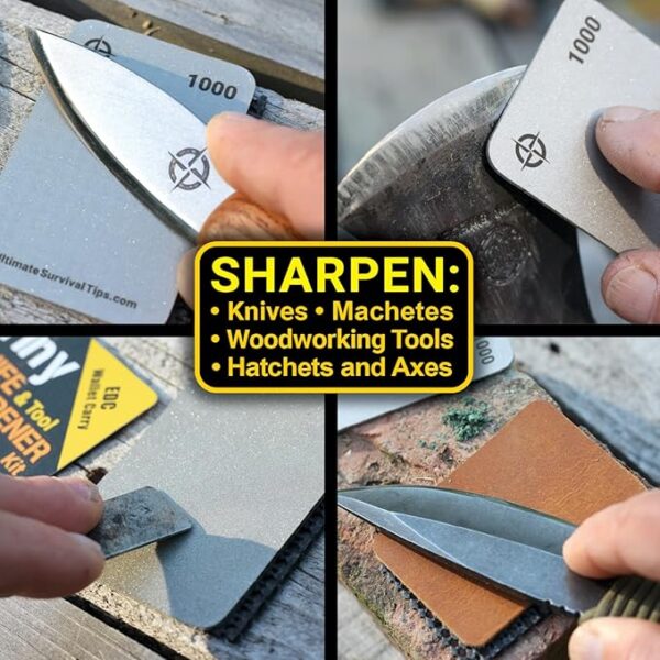 Tiny Survival KNIFE & TOOL Sharpener KIT - Ultimate 4-IN-1 EDC KIT: Double-Sided, Dual Grit, Credit Card Diamond Pocket Field Sharpening Stone DWS + Mini Strop + Stropping Compound + Grip Matt - GIFT - Image 3