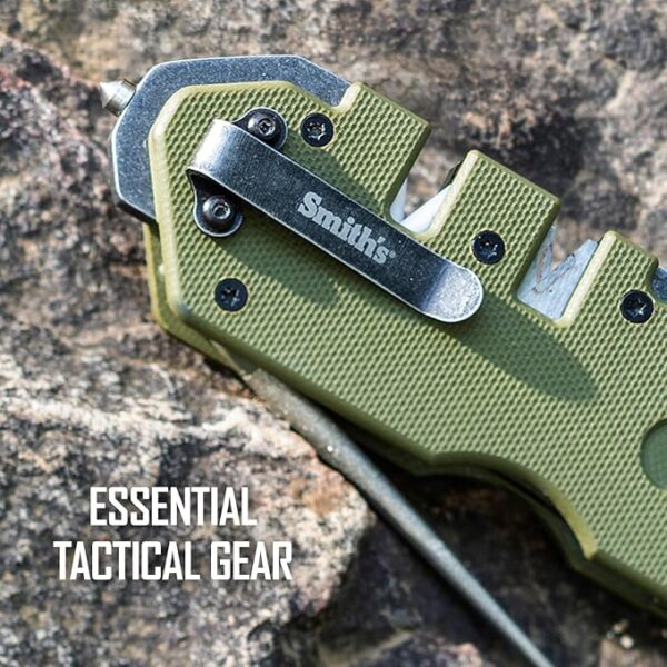 Smithâs 50981 Pocket Pal Tactical Knife Sharpener - OD Green - 2 Stage Sharpener & Diamond Sharpening Rod - Pocket Clip - Outdoor Hunting Knife & Hook Sharpener - Compact & Lightweight - Image 3