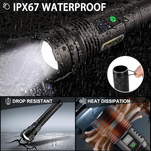 flashlights high lumens rechargeable, 4500 Lumens Super Bright Flashlight, with COB Work Light & 10 Modes, Waterproof Handheld Flashlight, for outdoor Camping hunting, hurricane Emergencies Hiking - Image 7