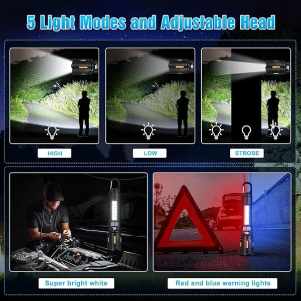 Rechargeable Led Flashlights High Lumens - 3000lm Super Bright Tactical Flashlight With Cob Sidelight And Hook, 5 Light Modes, Ipx6 Waterproof, For Camping, Repairs, And Home Emergencies. ï¼2 Packï¼ - Image 4